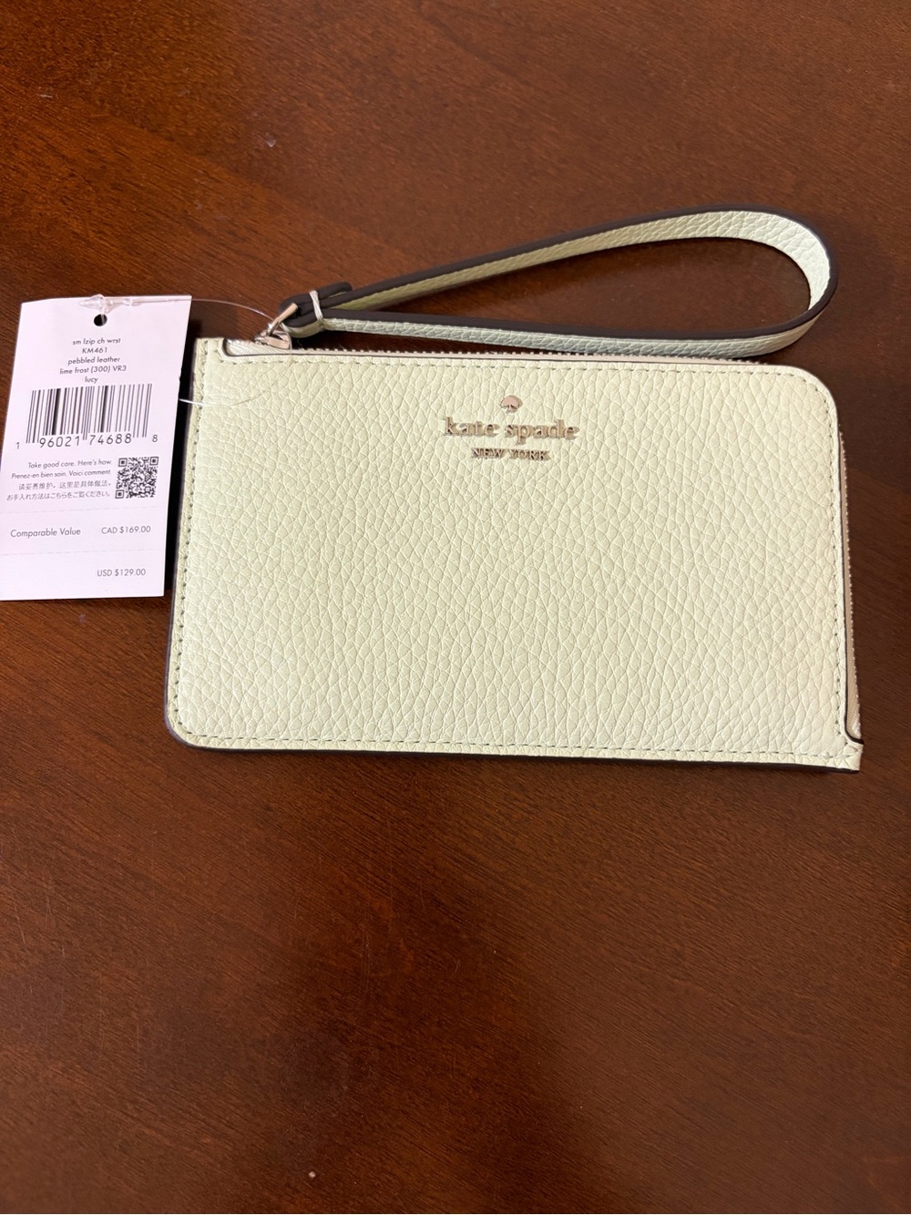 kate spade Lucy Small Pebbled Leather Wristlet in Lime Frost